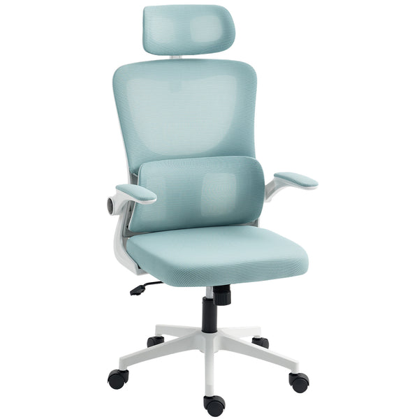 High-back mesh office chair with swivel headrest, light blue