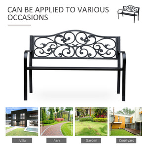 Outdoor garden bench with vintage floral pattern, cast metal, black