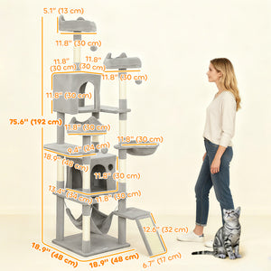 Large 193 cm cat tree with 8 scratching posts, 3 soft beds, 2 hammocks, 2 large shelters and a ramp, light grey