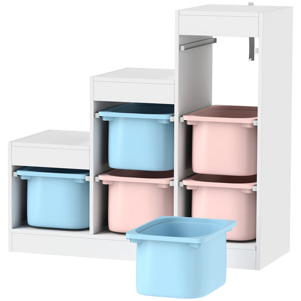 3-Tier Storage Shelf with 6 Plastic Bins, Blue and Pink