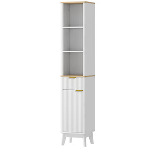 170 cm high, narrow bathroom cabinet with 3 open shelves, drawer and 2 adjustable shelves, white 