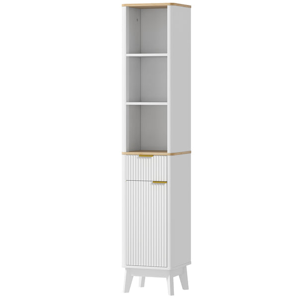 170 cm high, narrow bathroom cabinet with 3 open shelves, drawer and 2 adjustable shelves, white 