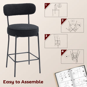 Set of 2 upholstered bar stools with backrest and footrest, black