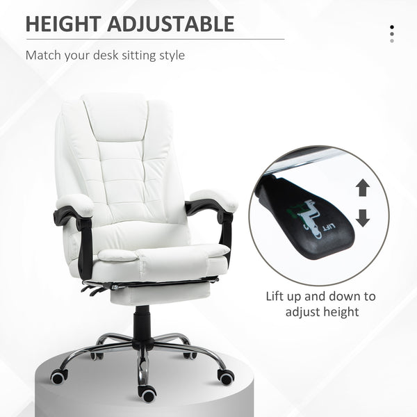 High-back office chair in synthetic leather with retractable footrest, white