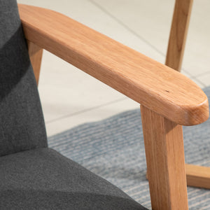 Mid-century fabric accent chair with wooden armrests, gray