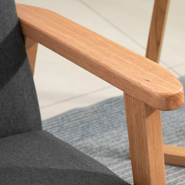 Mid-century fabric accent chair with wooden armrests, gray