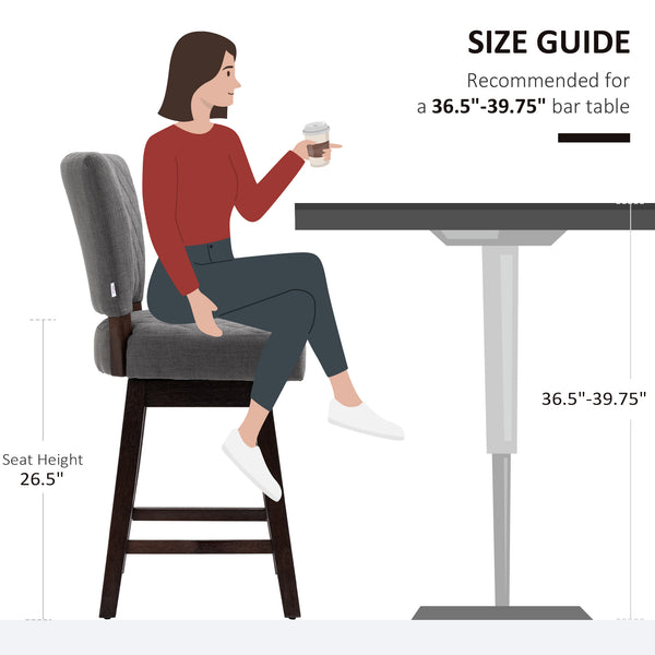 Set of 2 swivel bar stools with wooden legs and footrest, dark grey