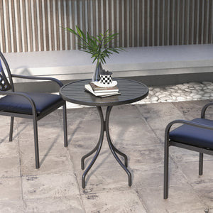 26" Round Patio Table, Outdoor Side Table with Steel Frame and Slat Tabletop for Garden, Balcony, Black