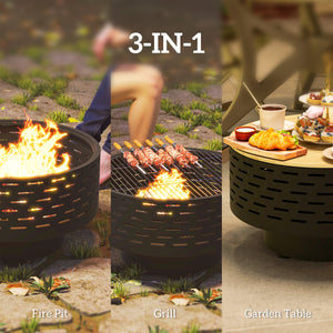3-in-1 Fire Pit Φ23.8" x 15.4" Stainless Steel Outdoor Fire Bowl with Wood-Effect Fire Basket