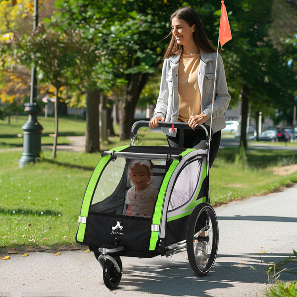 3-in-1 bike trailer with 5-point harness, storage, green