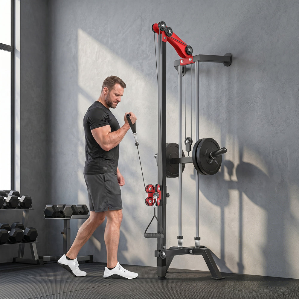 Wall-mounted pulley station adjustable to 16 positions, compatible with Olympic plates – Black and red