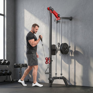 Wall-mounted pulley station adjustable to 16 positions, compatible with Olympic plates – Black and red