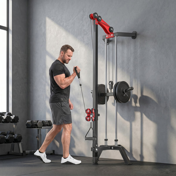 Wall-mounted pulley station adjustable to 16 positions, compatible with Olympic plates – Black and red