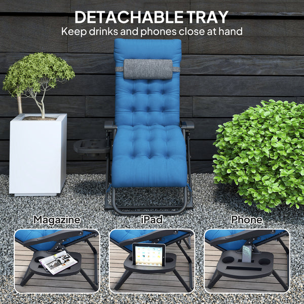 Padded Folding Recliner Chair with Cup Holder, Adjustable Backrest, Removable Cushion, Navy Blue