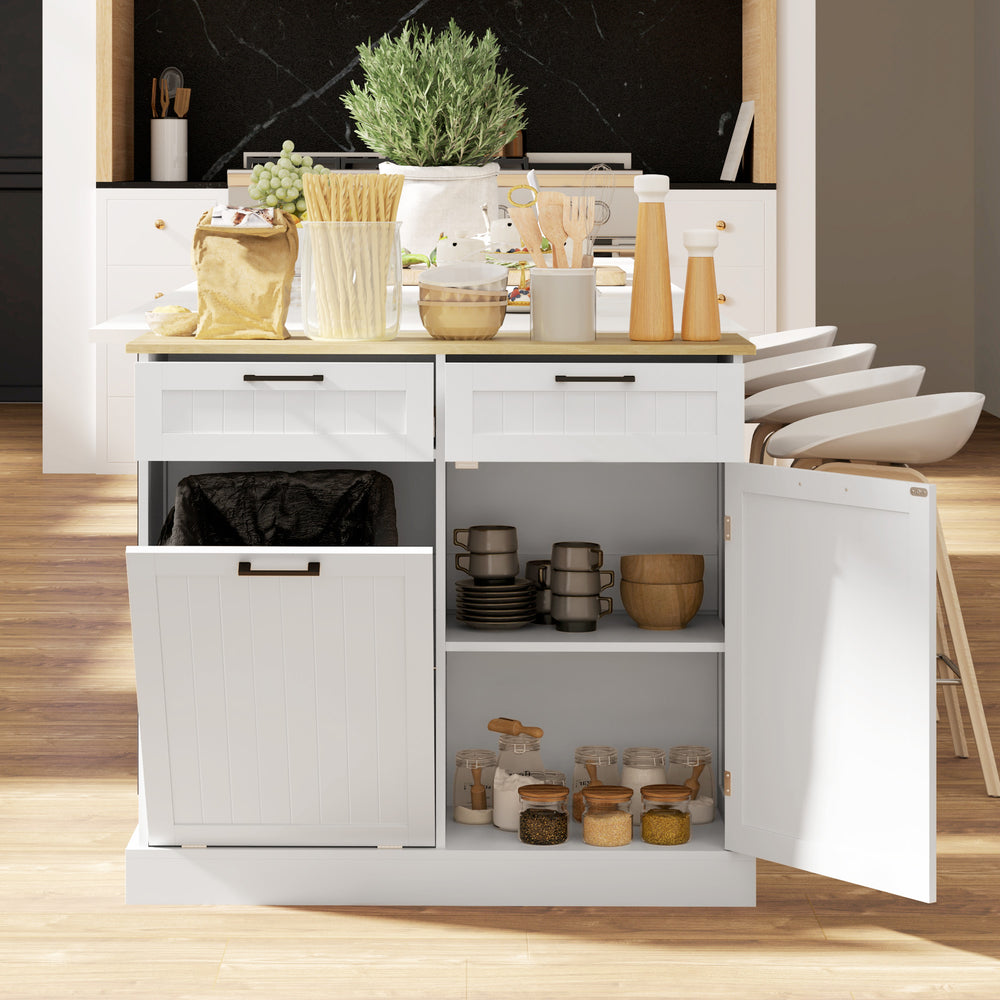 Tilt-out trash can cabinet with 2 drawers, white