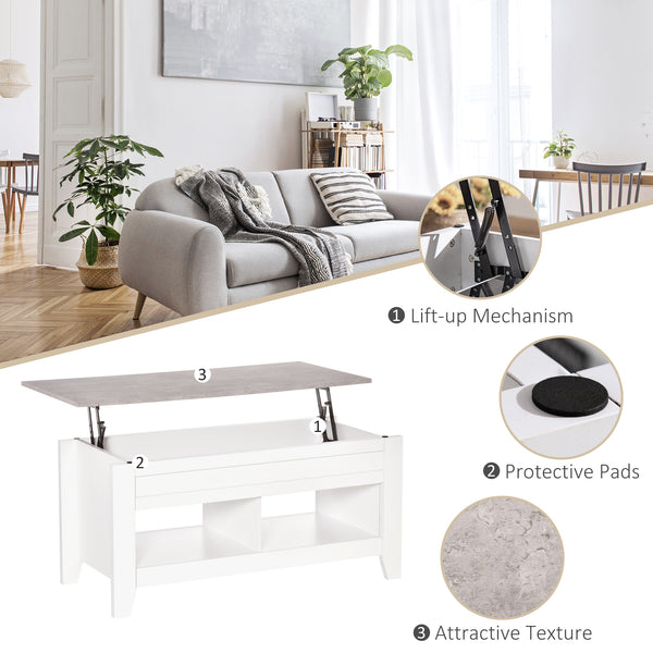 Lift-top coffee table with hidden storage compartment and open shelves, white