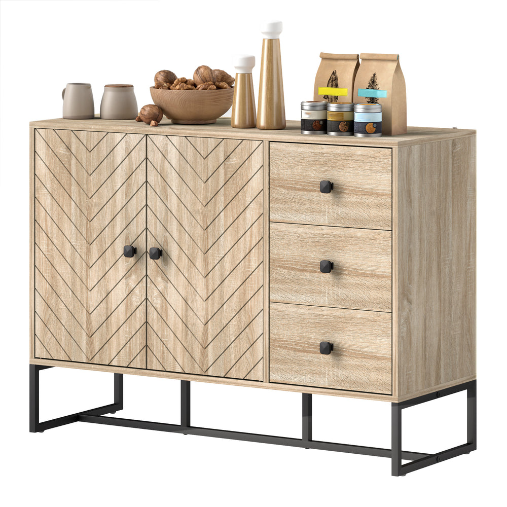 Modern sideboard, 108 cm, adjustable shelves and 3 drawers, coffee bar cabinet with 2 doors, oak