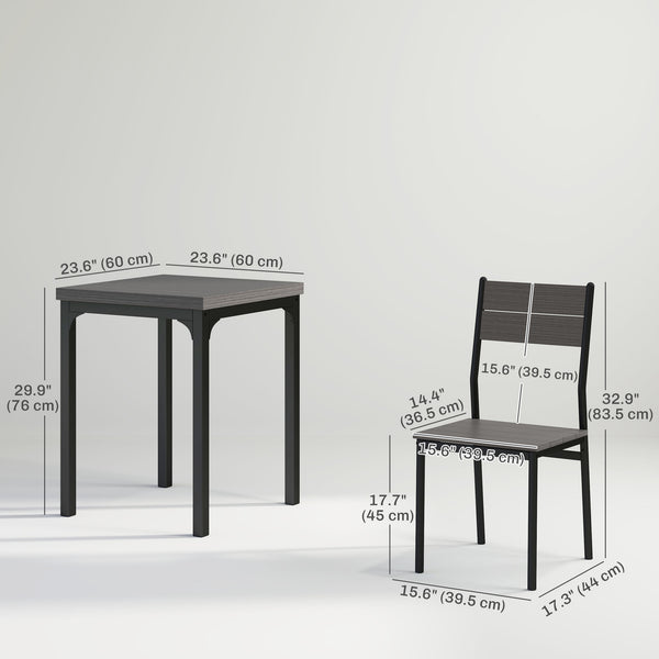 3-piece dining set for 2 with metal legs, grey wood effect