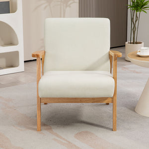 Retro fabric accent chair with wooden armrests, cream white
