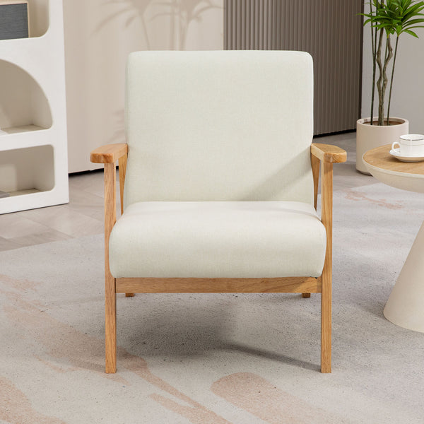 Retro fabric accent chair with wooden armrests, cream white