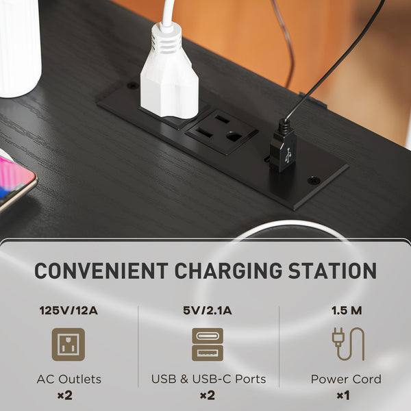 Set of 2 modern bedside tables with charging station, black