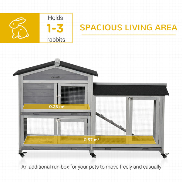 Wooden hutch with wheels, enclosure, tray and ramp, light gray