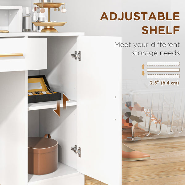 LED illuminated dressing table with stool, drawer and shelves, white