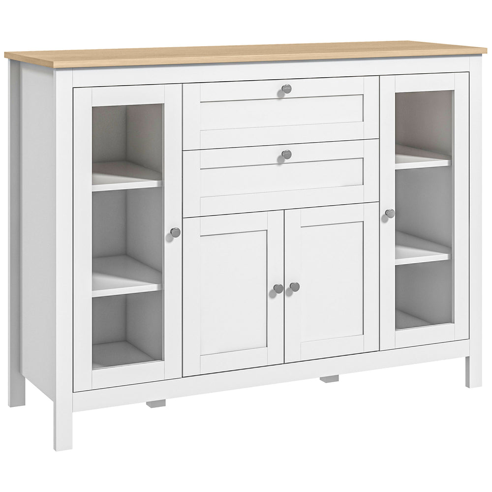 Sideboard with 2 drawers, 3 cupboards, glass doors and adjustable shelves, white
