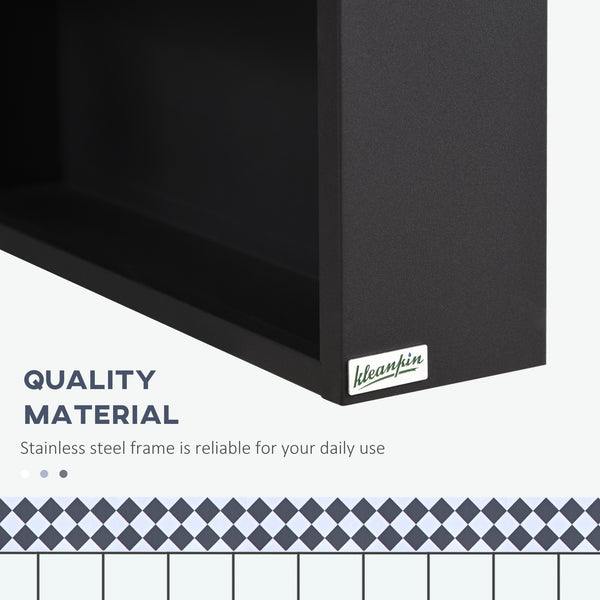 Wall-mounted mirror cabinet with single door, storage shelves and stainless steel frame, black