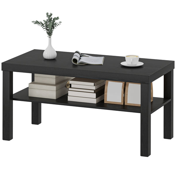 Rectangular 2-tier coffee table with storage shelf, black