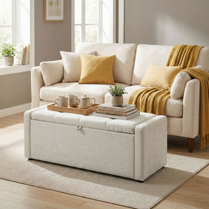Linen-look fabric upholstered storage ottoman bench with storage, wide and padded seat, cream white