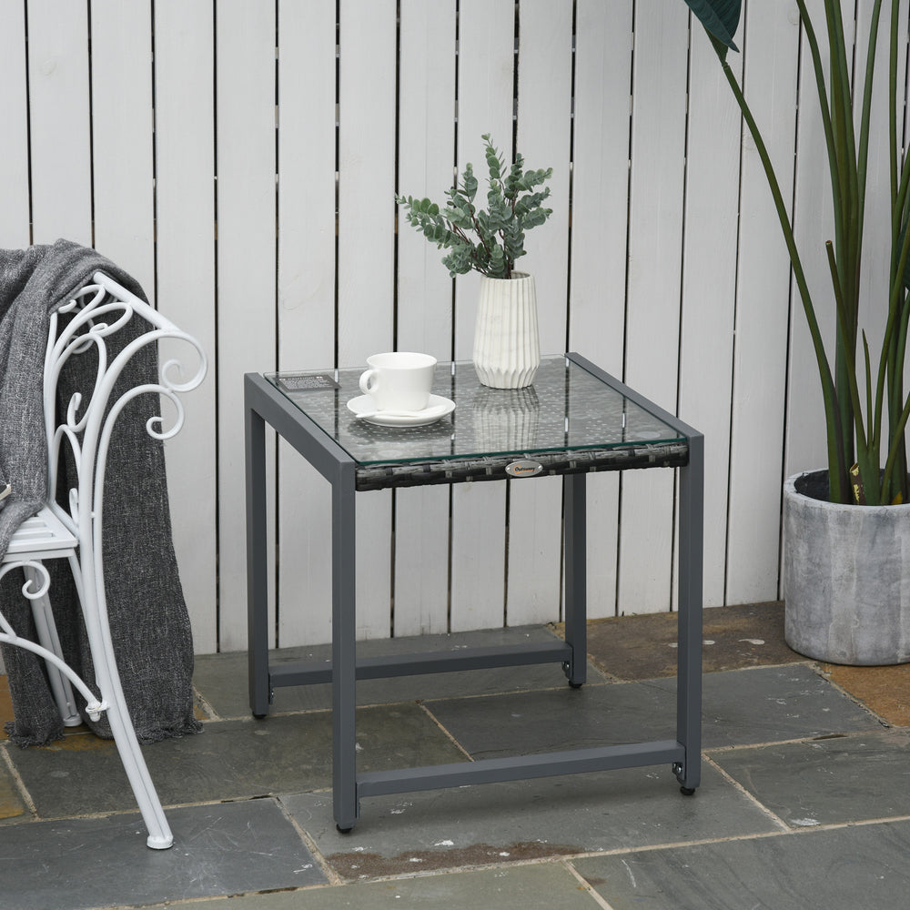 Rattan coffee table with tempered glass top and aluminum frame, grey