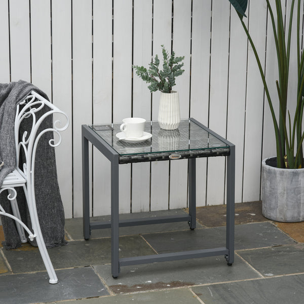 Rattan coffee table with tempered glass top and aluminum frame, grey