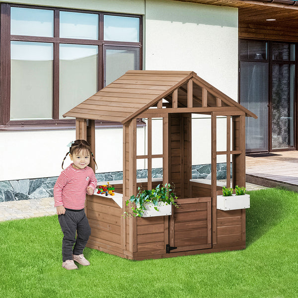 Wooden playhouse with planter, working door and windows, brown