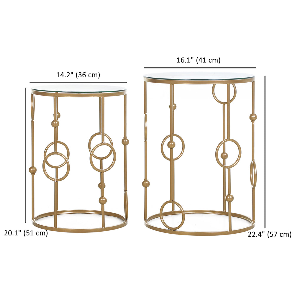 Set of 2 round gold coffee tables with tempered glass top