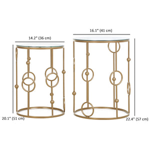 Set of 2 round gold coffee tables with tempered glass top