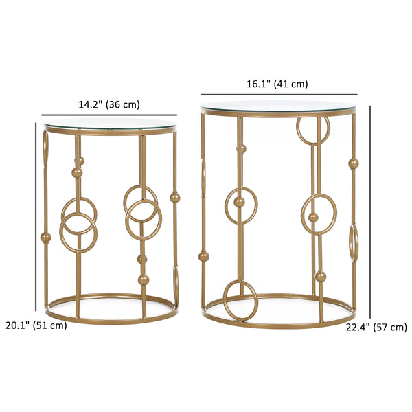 Set of 2 round gold coffee tables with tempered glass top