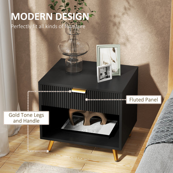 Bedside table with fluted panel, drawer and open compartment, black 