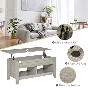 Lift-up coffee table with hidden storage compartment, light grey