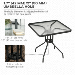 Square dining table with parasol hole and tempered glass top, black