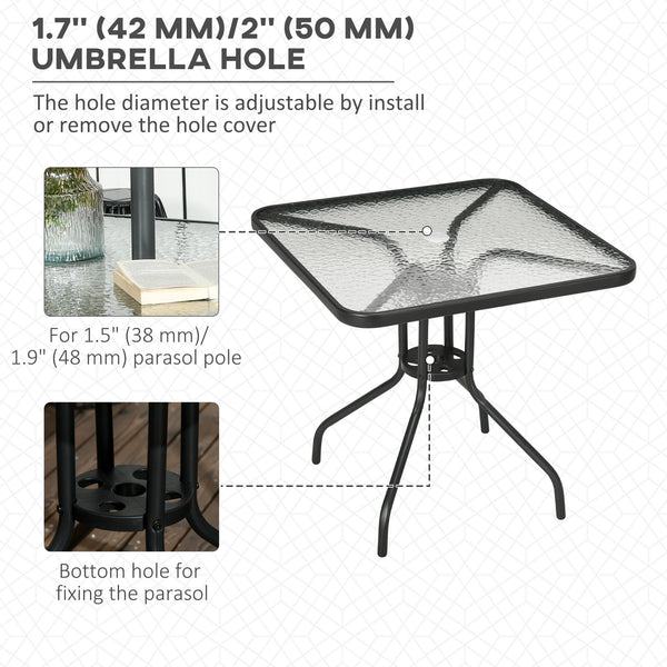 Square dining table with parasol hole and tempered glass top, black