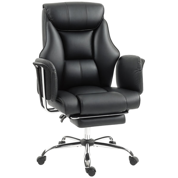 Upholstered reclining office chair with high backrest, faux leather upholstery, footrest, swivel casters, black