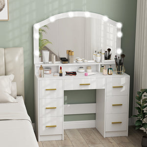 Dressing table with mirror and 10 LED lights, 3 adjustable colors, 7 drawers, 3 compartments, white