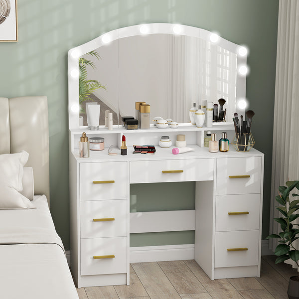 Dressing table with mirror and 10 LED lights, 3 adjustable colors, 7 drawers, 3 compartments, white
