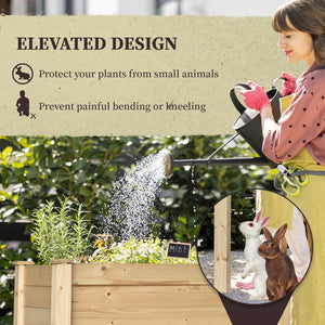Raised wooden planter with legs, drainage holes and inner bag, natural color