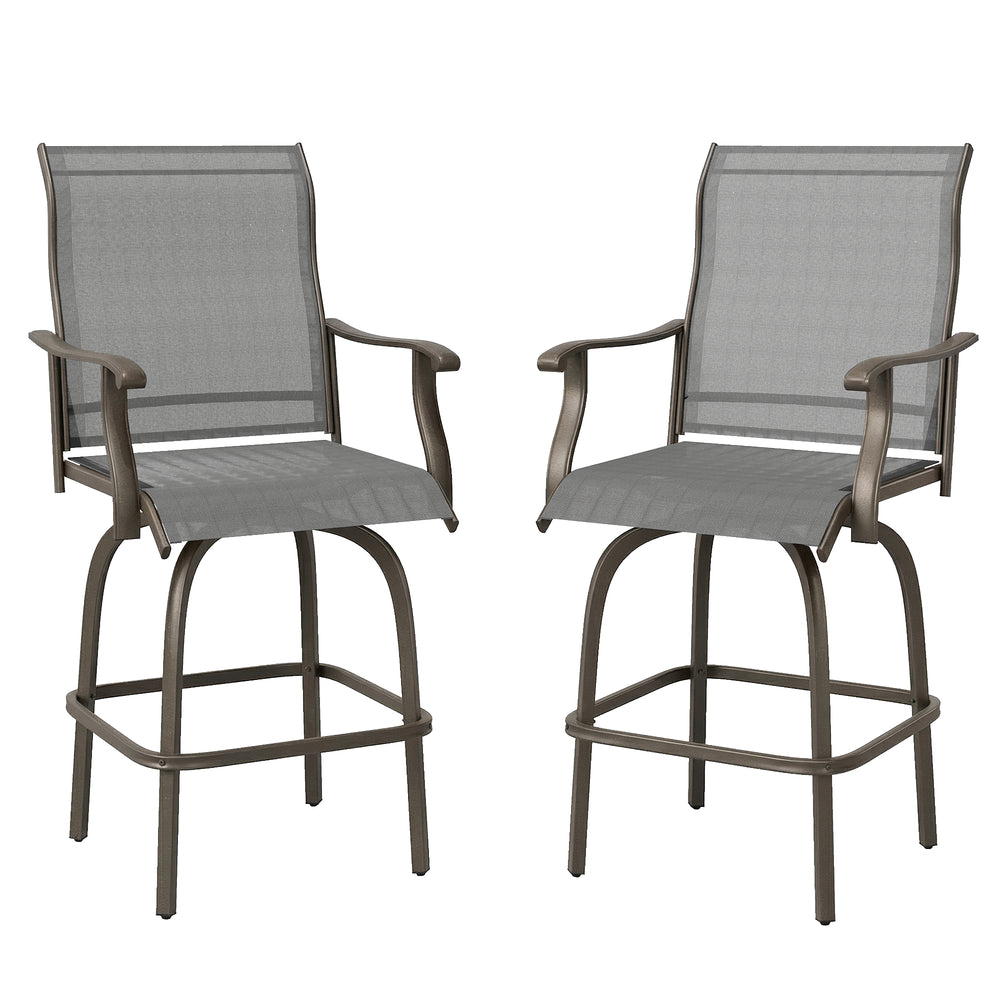 Outdoor Bar Stools Set of 2, Swivel Bar Height Chairs with High Back, Curved Armrests and Steel Frame, Light Grey