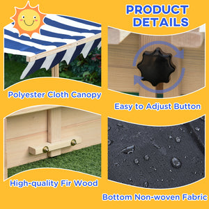 Wooden sandbox with adjustable canopy and convertible bench