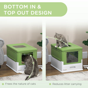 Enclosed litter box with scoop and tray, green