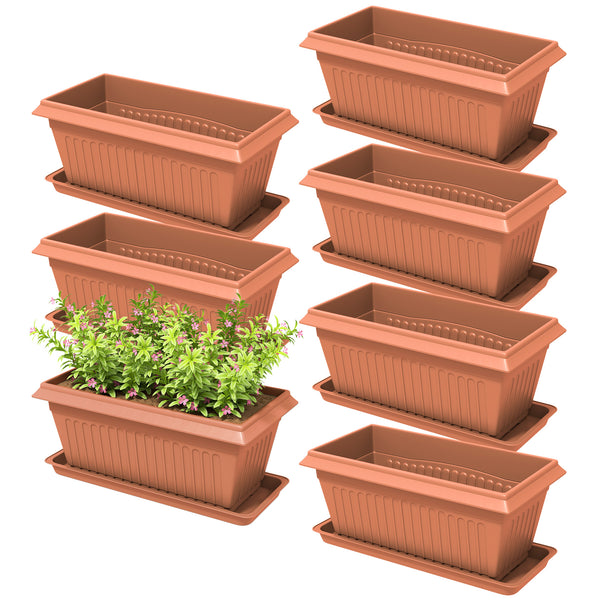 Set of 7 plastic flower pots with drainage holes and saucers, brown