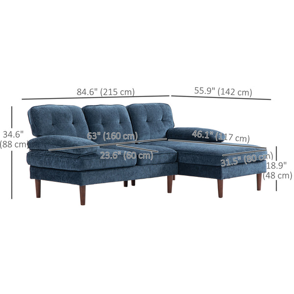 Modern corner sofa with right chaise longue with wooden legs, navy blue